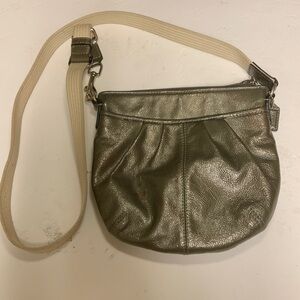 Coach Patent Leather Metallic Grey Crossbody w/ Canvas Straps & Turquoise Lining